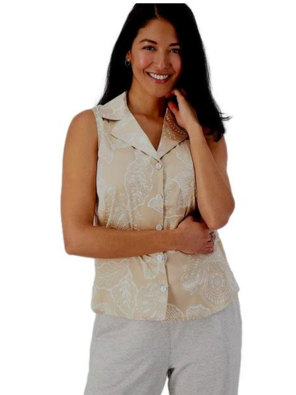 Breezies Lounge Satin Breeze Sleep Tank Oat White Botanical Size Small NWT
